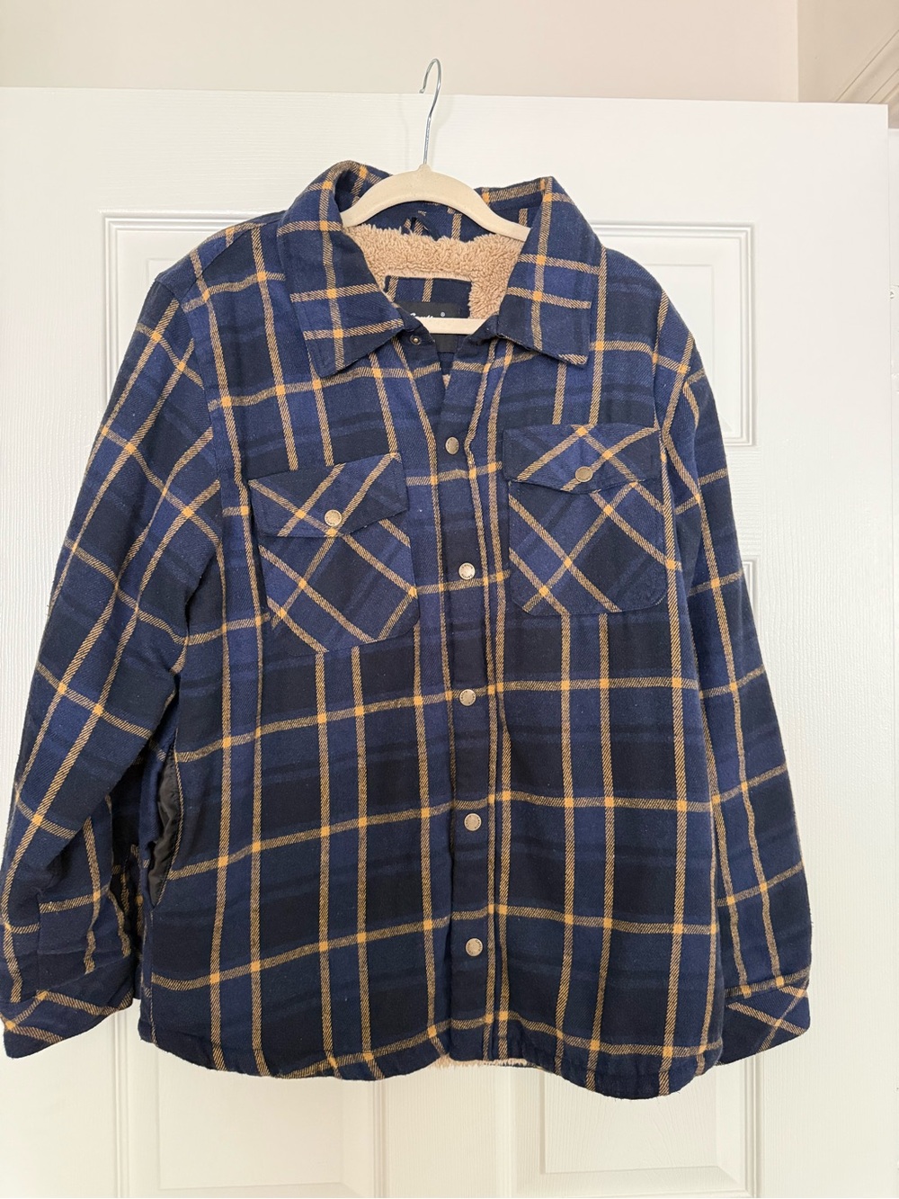 Men’s Navy Blue Plaid Sherpa-Lined Jacket